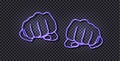 Vector neon hands, glowing fists, bright colorful illustration isolated on dark transparent background.