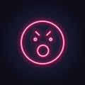 Vector neon icon for mood feedback. Red anger glowing light emotion smile isolated on black. Emoticon element of UI design for