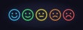 Vector neon icon set for mood tracker. Five color lamp illuminated emotion smile from satisfied to anger isolated on black.