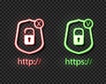 Vector Neon Icons: http and https Protocols with Lock, Green and Red Bright Symbols, Check and Cross. Royalty Free Stock Photo
