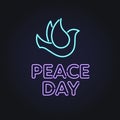 Vector neon international peace day banner template. Light bulb text with pigeon sign on black background. Design element for Royalty Free Stock Photo