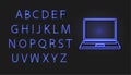 Vector Neon Laptop and Letters, Blue Glowing Font Isolated, Graphic Design Elements. Royalty Free Stock Photo