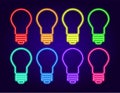 Vector neon light bulb. a set of insulated light bulbs of different colors, glowing elements on a dark background for a design Royalty Free Stock Photo