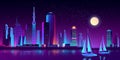 Vector neon megapolis on river with yachts Royalty Free Stock Photo