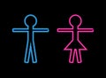 Vector Neon Pink and Blue Toilet Signs, Boys and Girls, Ladies and Gentlemens, Glowing Icons.