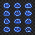 Vector Neon Shining Clouds Set, Glowing Bright Blue Lines, Collection, Isolated.