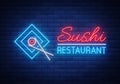 Vector neon sign logo Sushi bar, Asian fast-food street in a bar or shop, sushi, Onigiri with a salmon roll with