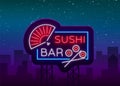 Vector neon sign logo Sushi bar, Asian fast-food street in a bar or shop, sushi, Onigiri with a salmon roll with