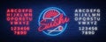 Vector neon sign logo Sushi bar, Asian fast-food street in a bar or shop, sushi, Onigiri with salmon roll with