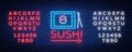 Vector neon sign logo Sushi bar, Asian fast-food street in a bar or shop, sushi, Onigiri with salmon roll with