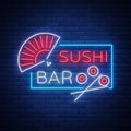 Vector neon sign logo Sushi bar, Asian fast-food street in a bar or shop, sushi, Onigiri with a salmon roll