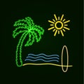 Vector Neon Surfing Illustration: Glowing Palm, Ocean Waves, Sand Beach and Sufr Board. Royalty Free Stock Photo