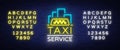 Vector Neon Taxi logo on a brick background. Silhouette badge glowing taxi. Design advertising night sign of