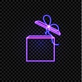 Vector Neon Ultraviolet Gift Box Isolated on Dark Transparent Background, Shining Illustrtaion.