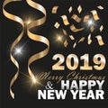 Vector 2019 New Year Black background with Gold Curling Stream. Festive design