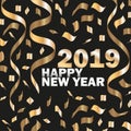 Vector 2019 New Year Black background with Gold Curling Stream. Festive design
