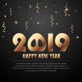 Vector 2019 New Year Black background with gold glitter confetti splatter texture. Festive premium design template for holiday gre Royalty Free Stock Photo