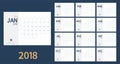 Vector of 2018 new year calendar in clean minimal table simple style and blue and yellow color,Holiday event planner,Week Starts S Royalty Free Stock Photo