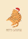 Vector New Year card. Cute disgruntled ginger cat. The cat is tangled in a Christmas garland.