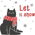 Vector New Year card. Funny cute cat sitting in a red scarf. Royalty Free Stock Photo