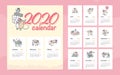 Vector 2020 new year creative monthly calendar for kids with cute funny mice animals characters hand drawn illustrations design te