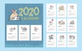 Vector 2020 new year creative monthly calendar for kids with cute funny mice animals characters hand drawn illustrations design te