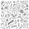 Vector new year`s Christmas set on a white background, in the style of a Doodle, contour icons, many elements, flat style Royalty Free Stock Photo