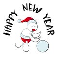 Vector New Year`s illustration of a small snowman in a hat which rolls a snow globe on a white background Royalty Free Stock Photo