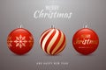 Vector New Year`s toys. Set of red Christmas balls with gold ornament. Royalty Free Stock Photo
