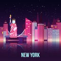 Vector New York night city illustration with neon glow and vivid colors with reflections.