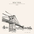 Vector New York, USA Postcard. Hand Drawn Vintage NY Touristic Poster. Brooklyn Bridge. Travel Sketch. Artistic Vintage Hand