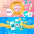 Vector newborn accessories banners design templates. Baby goods sale vouchers collection.