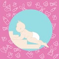 Newborn baby climbs the stairs, pink background with childrens toys Royalty Free Stock Photo