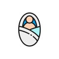 Vector newborn in baby envelope flat color line icon.