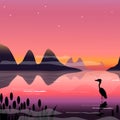 Vector illustration,scene, landscape with pink,purple,violet sunset,sunrise.Reflection and fog on the water.Mountains,hills in the