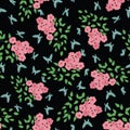 Vector night butterflies garden floral seamless pattern background. Pink flowers blue butterflies Royalty Free Stock Photo