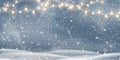 Vector night Christmas, Snowy landscape with light garlands, snow, snowflakes, snowdrift. Happy new year. Holiday winter Royalty Free Stock Photo