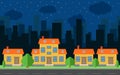 Vector night city with cartoon houses and buildings. City space with road on flat style background concept Royalty Free Stock Photo