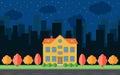 Vector night city with cartoon houses and buildings. City space with road on flat style background concept. Royalty Free Stock Photo