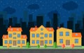 Vector night city with cartoon houses and buildings. City space with road on flat style background concept Royalty Free Stock Photo