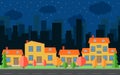 Vector night city with cartoon houses and buildings. City space with road on flat style background concept Royalty Free Stock Photo