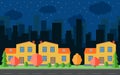 Vector night city with cartoon houses and buildings. City space with road on flat style background concept Royalty Free Stock Photo