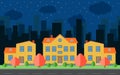 Vector night city with cartoon houses and buildings. City space with road on flat style background concept Royalty Free Stock Photo