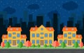 Vector night city with cartoon houses and buildings. City space with road on flat style background concept. Royalty Free Stock Photo