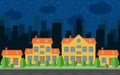 Vector night city with cartoon houses and buildings with green trees and shrubs.