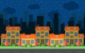 Vector night city with five cartoon houses and buildings. City space with road on flat style Royalty Free Stock Photo