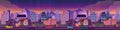 Vector night city illustration with neon glow and vivid colors. Royalty Free Stock Photo