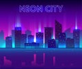 Vector night city illustration with neon glow, vivid colors and reflection Royalty Free Stock Photo