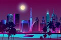 Vector night city on river, tropical megapolis Royalty Free Stock Photo