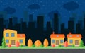 Vector night city with three cartoon houses and buildings. City space with road on flat style background concept. Royalty Free Stock Photo